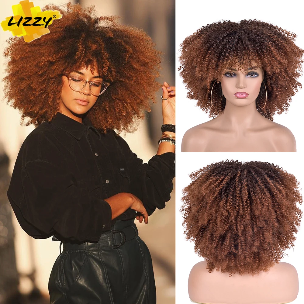 Kinky Curly Wigs Bangs Hair-Afro Short Lizzy Synthetic Black-Women African with for Omber-Glueless