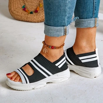 

2020 new sneakers striped thick bottom sports summer spring fish mouth shoes casual ladies plus size women vulcanize shoes