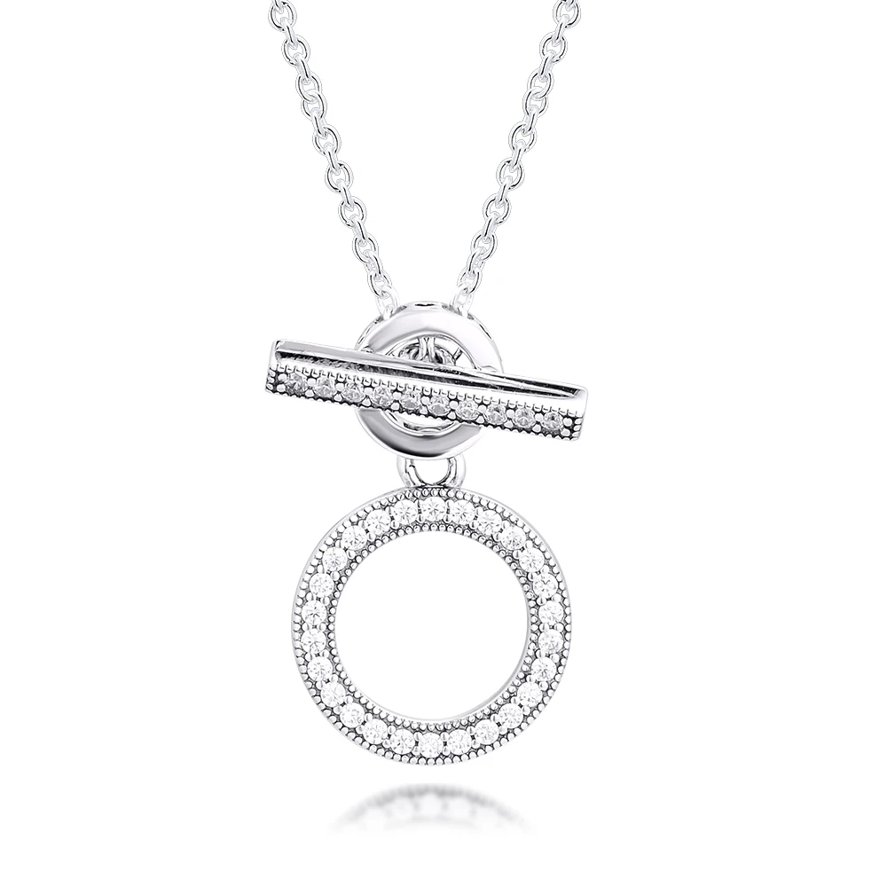 

Double Hoop T-bar Necklace for Women Clear CZ Hearts Flower Long Chain Silver 925 Jewelry Statement Necklaces Women