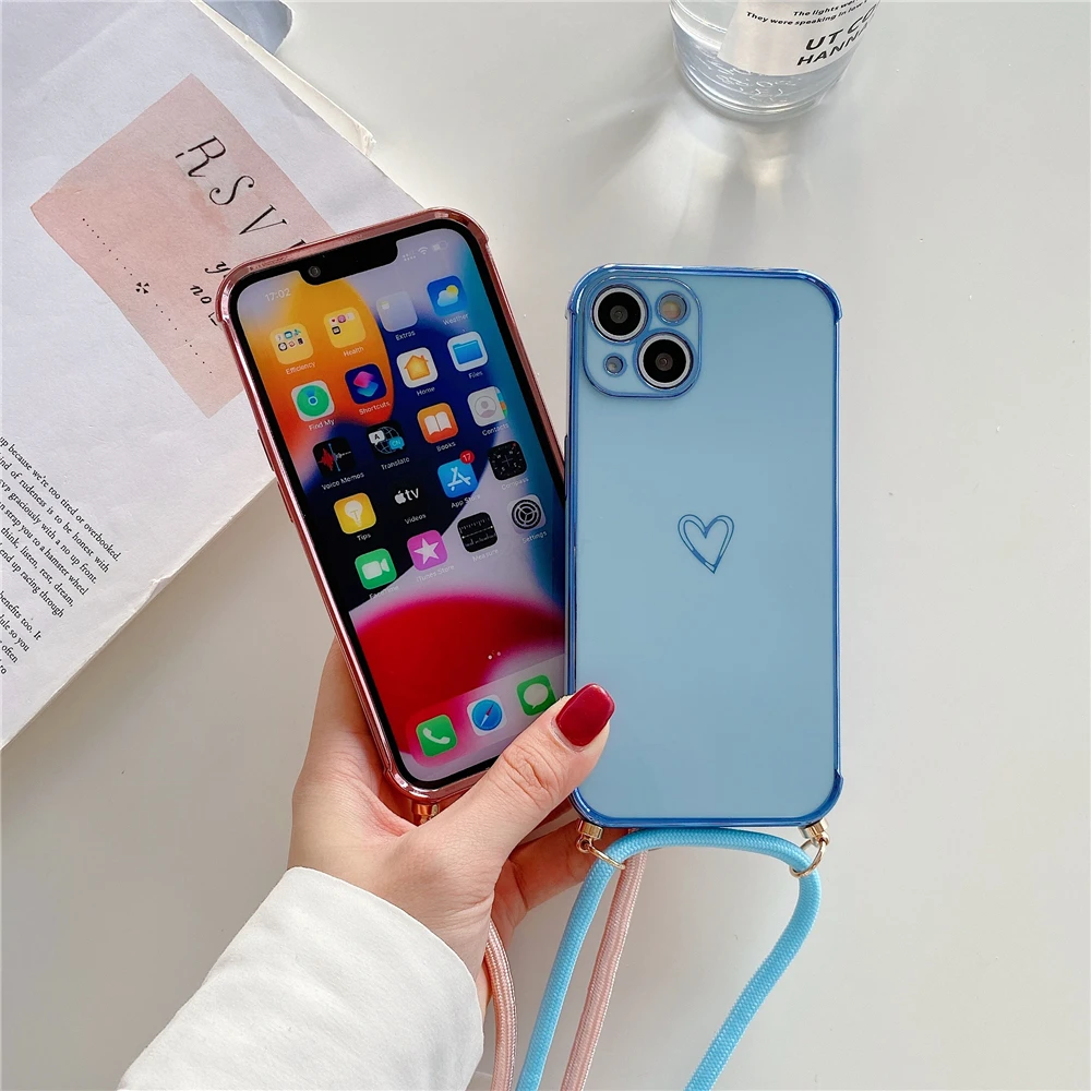 iphone 12 cover case Cute Electroplated Love Heart Lanyard Case For iPhone 11 12 13 Pro Max XS XR X 7 8 Plus Mini SE 2 Cord Rope Necklace Strap Cover apple iphone 12 case