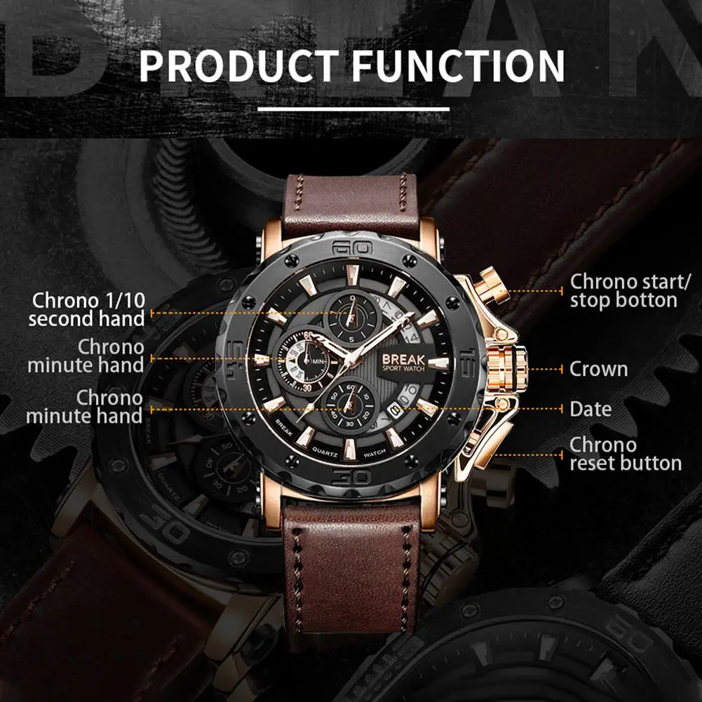 HobbyLane BREAK 5689 Men Fashion Wristwatch Leather Strap Casual Chronograph Luminous Calendar Sport Watch