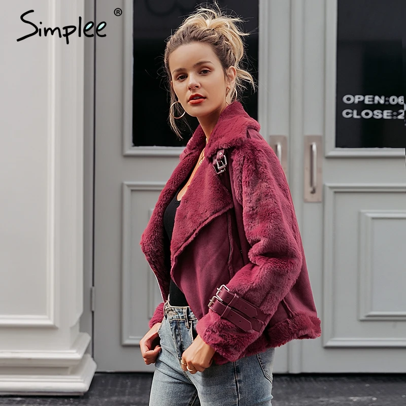 Najtaniej Simplee Faux leather suede kurtka z futra jagnięcego płaszcz kobiety Moto zipper zamszowa kurtka kobieta płaszcz Casual skręcić w dół płaszcz zimowy 2017