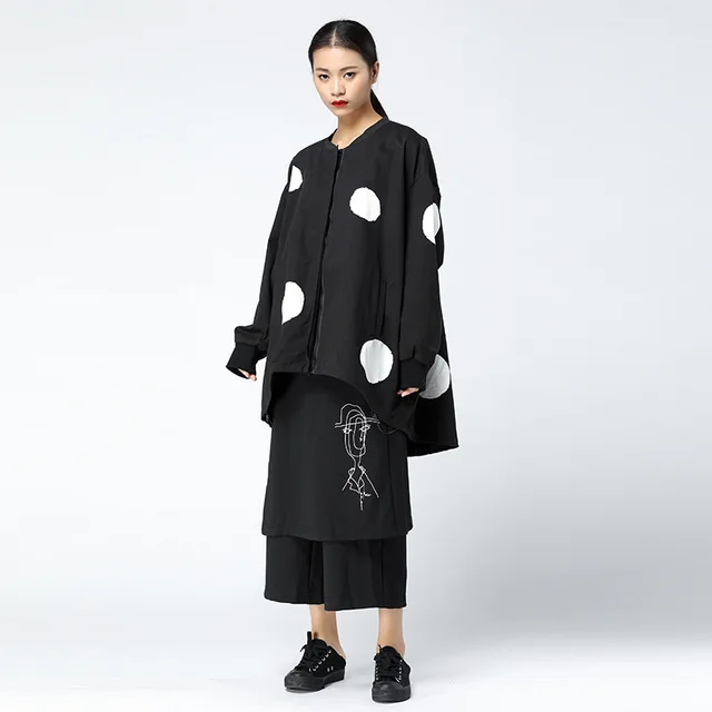 XITAO Polka Dot Irregular Trench Women Korea Fashion New Bat Sleeved Plus Size Hit Color Print 2019 Autumn Elegant Coat  LJT3848 black   LJT3848 E34