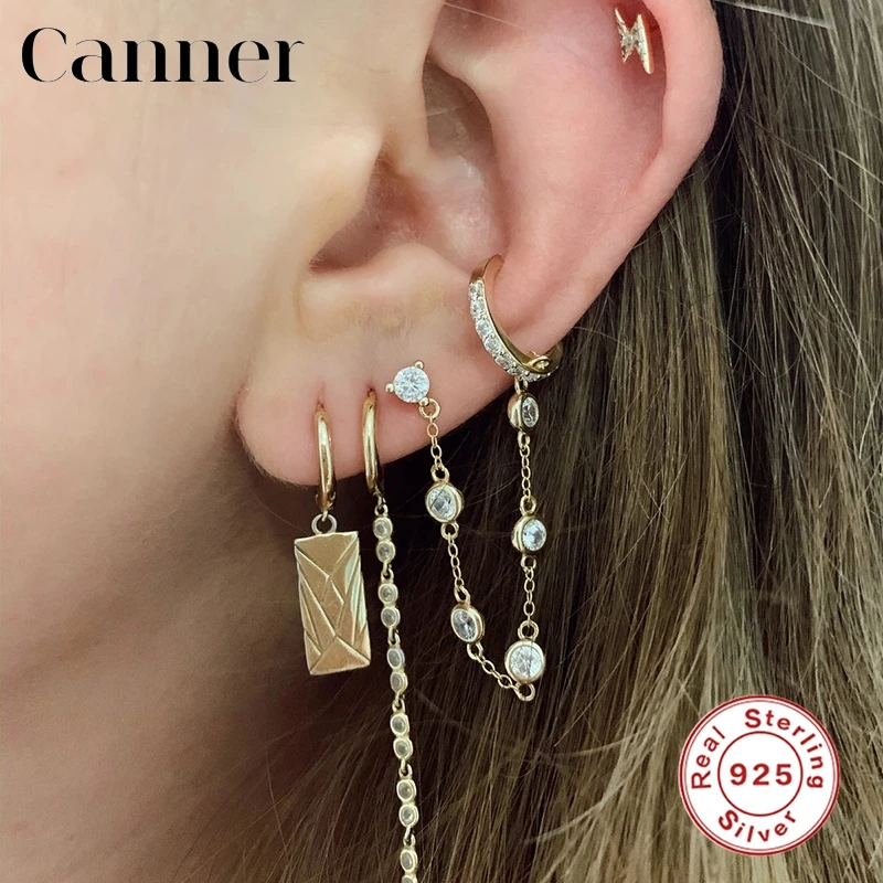 

Canner 1pcs 925 Sterling Silver Ear Cuff Chain Long Dangle Stud Earrings CZ Crystal Fine Jewelry For Women Party Gift Earcuff W4