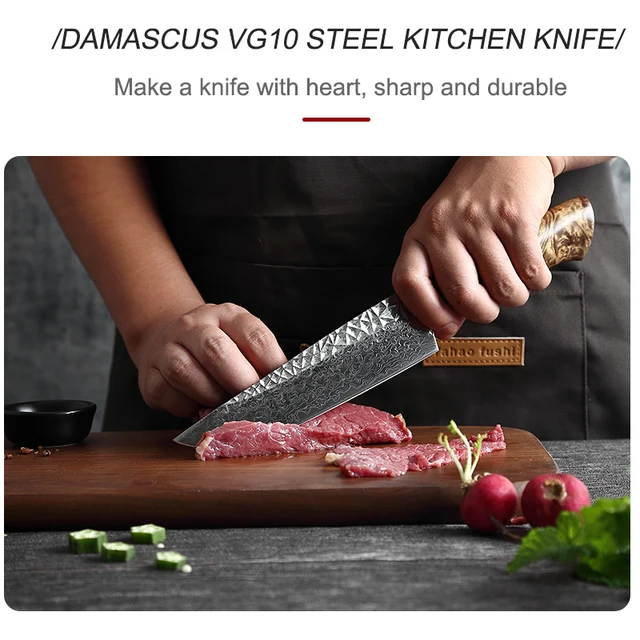 7 Hüvelykes Többcélú Damaszkusz Vg10 Acélszakács Kés Húskés Steak Szeletelő Fehér Árnyék Fa Fogantyú Kenyérkés - Image 3