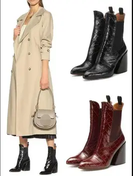 

high quality woman cow leather chunky high heel pointed toe ankle boots elastic crocodile pattern high heel ankle boots size 43
