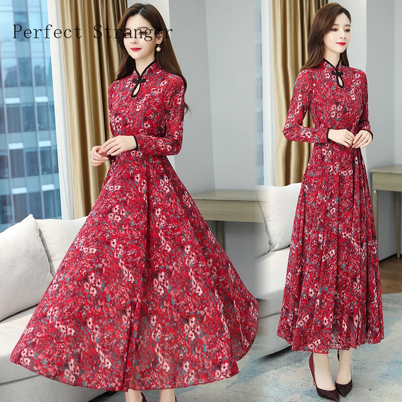 2021 Spring New Arrival Stand Collar Flower Printed Long Sleeve Plus Size M-4XL Women Long Dress High Quality