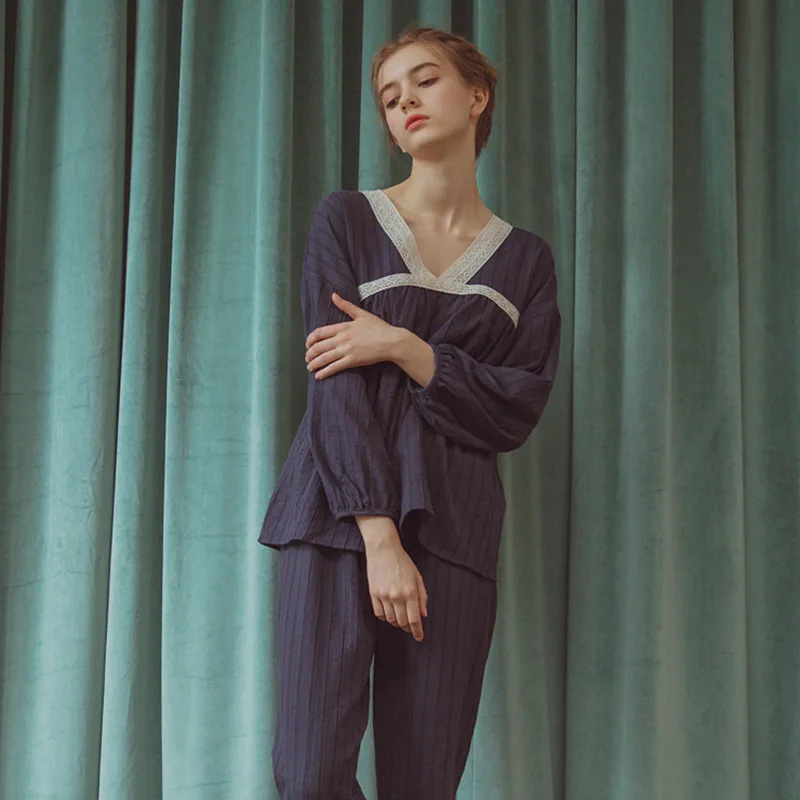 Cotton Palace Style Night Suit Princess Pajama Set Night Wear Women Vintage Navy V-neck Sleep Wear Home Suit Lounge Set
