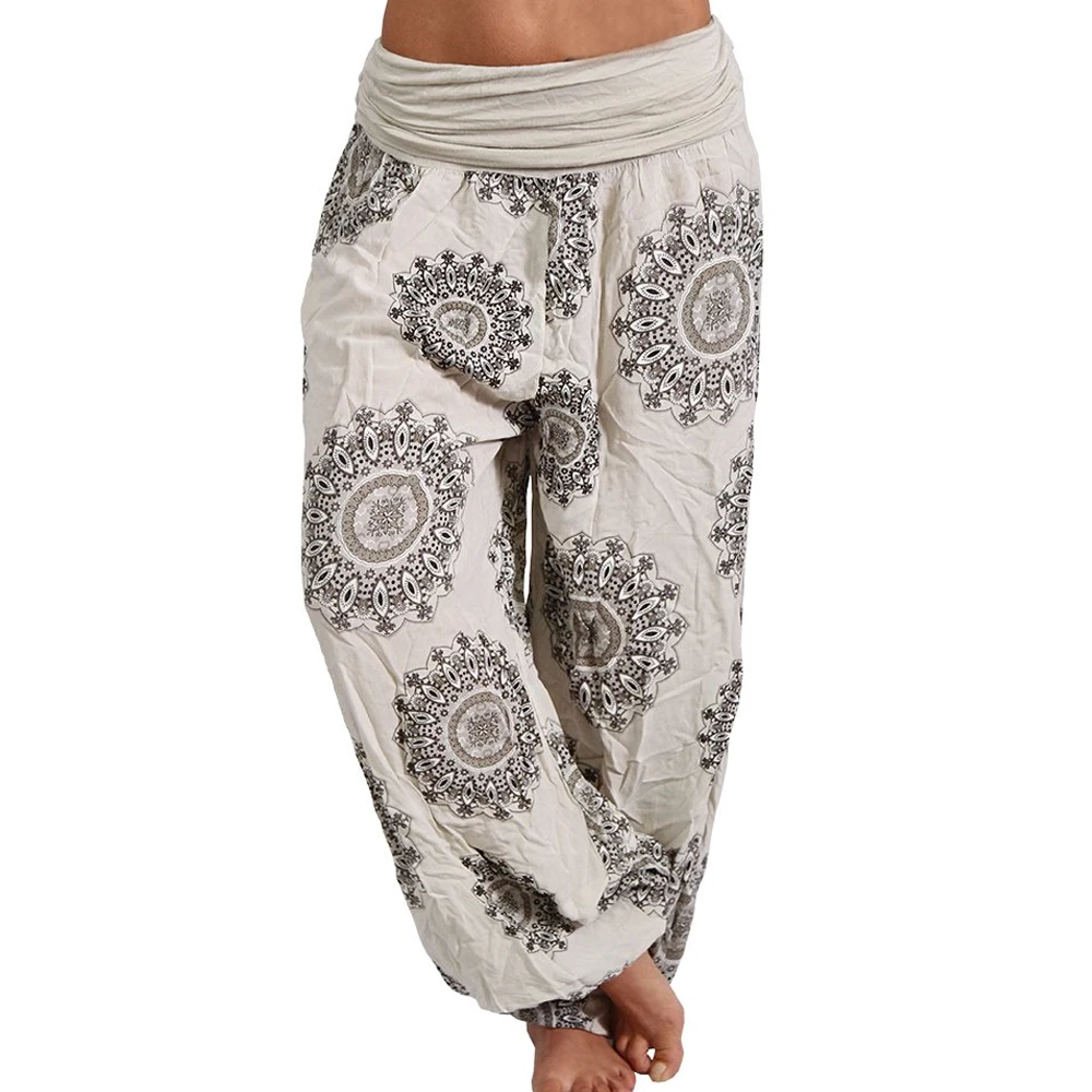 light grey Широкие брюки женские летние уличная Aladin цветочный принт Высокая талия брюки эластичные богемные брюки на шнурке плюс размер 5XL - Цвет: light grey