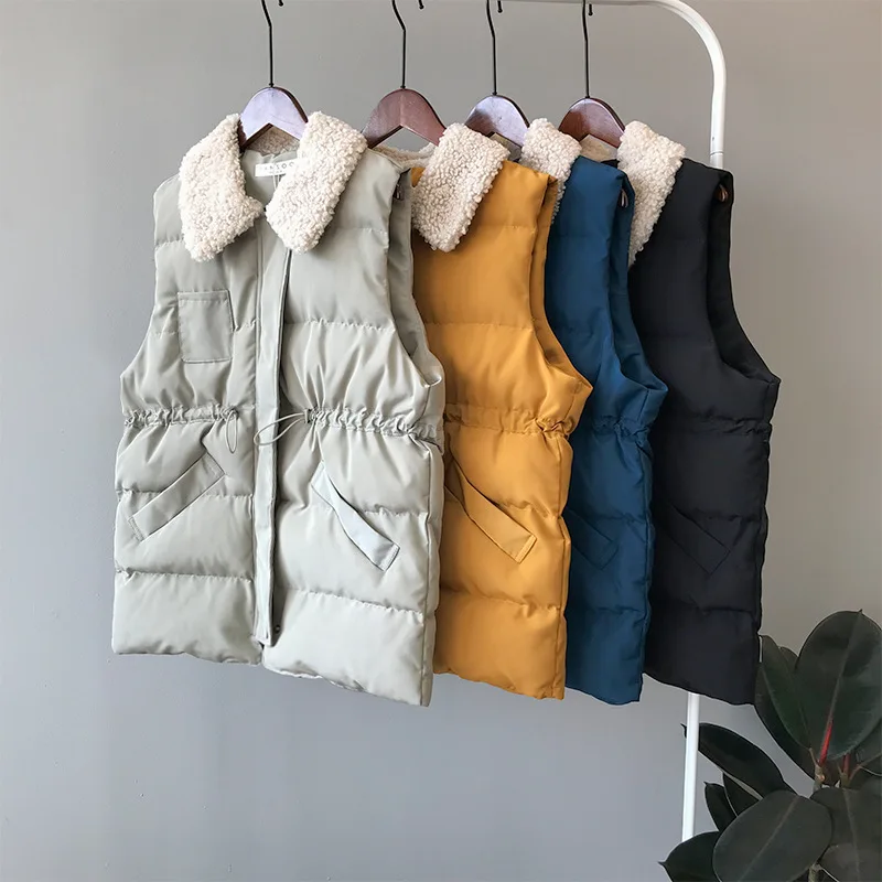

Winter women's sleeveless down jacket Korean lamb hair padded vest collar loose drawstring waist warm cotton winter vest