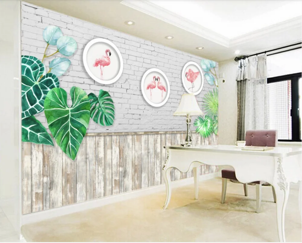 European style hand-painted flamingo wooden board brick wall green leaf background wall painting-professional custom wallpaper