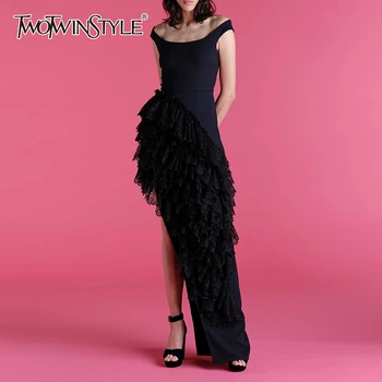 

TWOTWINSTYLE Patchwork Lace Irregular Dresses For Female o neck Spaghetti Strap Dress Women Asymmetrical Fashion Clothing tide