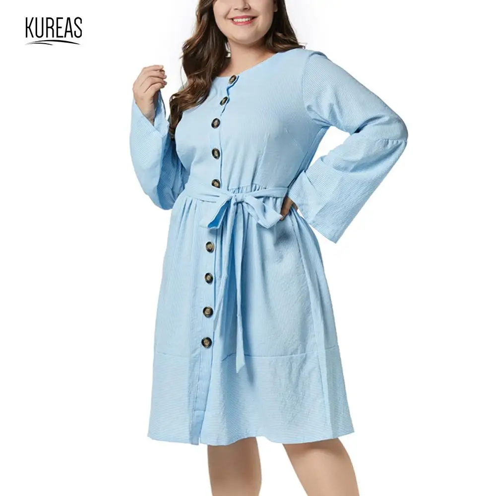 

Kureas Women Dress Plus Size Autumn Fashion A Line Flare Sleeve Midi Dresses with Waistband Single Breasted Casual XL-5XL