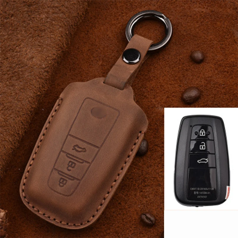 3buttons Brown Ручной работы из натуральной кожи чехол для автомобильного смарт-ключа чехол сумка для TOYOTA Camry C-HR Corolla CROWN Prado eiz Highlander IZOA Camry2018 - Название цвета: 3buttons Brown