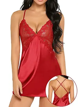 

Women Sexy Nightwear Plus Size S-XXL Lace Nightgown Sleepwear Dress Sexy imitation ice silk back cross strap nightgown