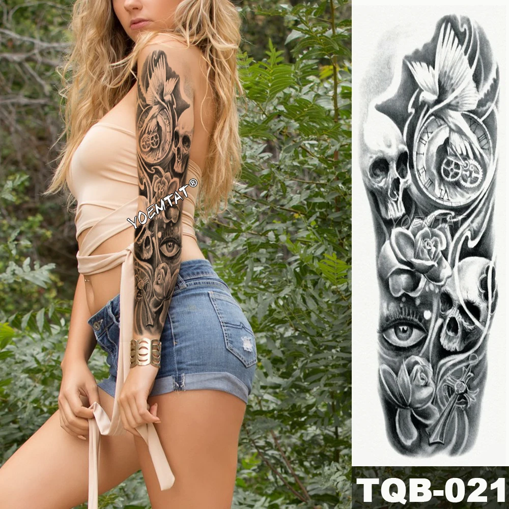 

New 1 Piece Temporary Tattoo Sticker skull bird time eyes style Tattoo with Arm Body Art Big Sleeve Large Fake Tattoo Sticker