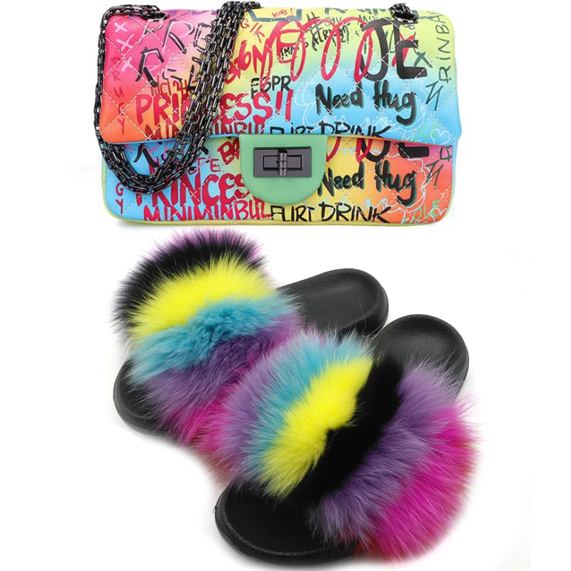 

Women Fur Slides Fluffy Real Fox Fur Slippers Furry Fur Flip Flops Woman Graffiti Handbag Rainbow Purse PVC Jelly Shoulder Bag
