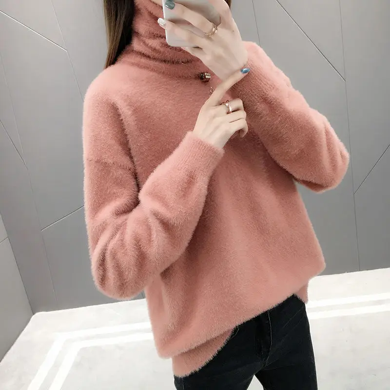 

Autumn Winter Pullover Women Sweaters Warm Knitted Pullovers Loose Women Faux Mink Cashmere Turtleneck Sweater HK165