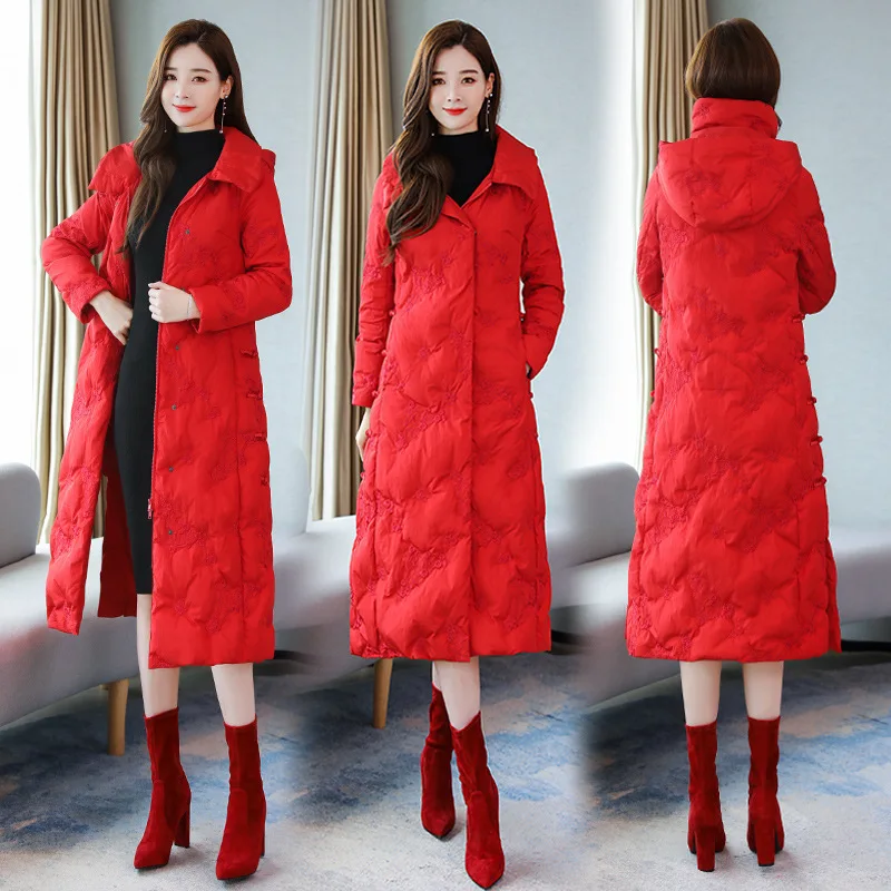 

2019 Winter New Style Long Embroidered Cotton-padded Clothes Fashion Hooded Slim Fit Retro National Wind down Jacket Cotton-padd