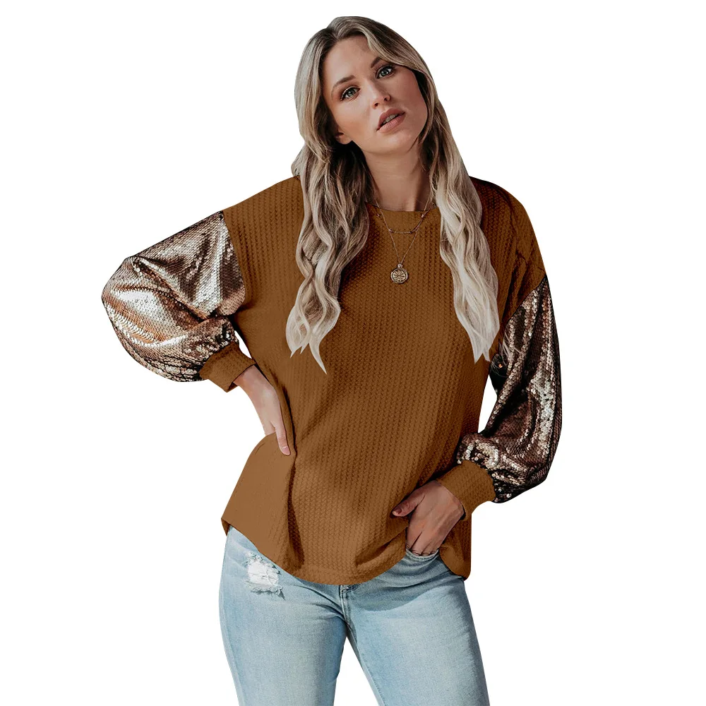 2020 Women’s Sequins Stitching Sweater Loose Long Sequins Sleeve Solid Color Pullover Cardigan Autumn and Winter Jumper T Shirt