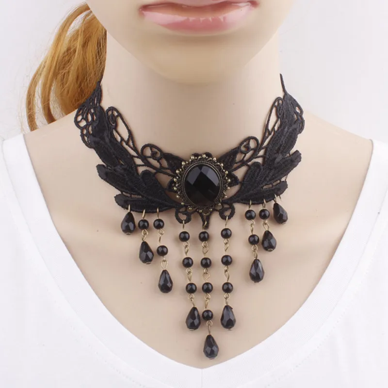 Популярные ожерелья, сексуальные Чокеры в готическом стиле, Кристальное Черное Кружевное колье на шею, винтажное викторианское женское панк ювелирное изделие