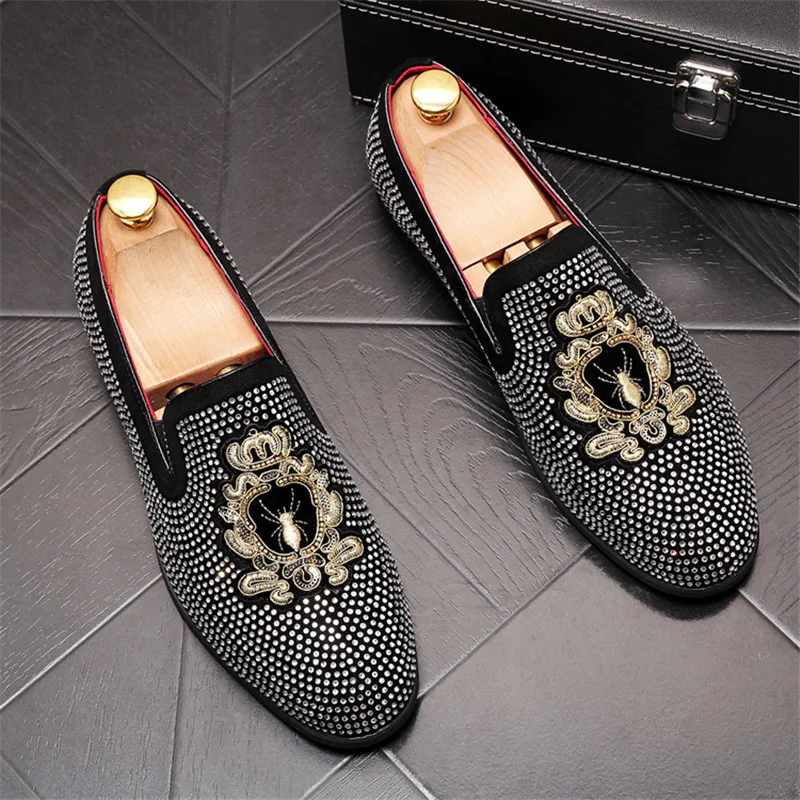 Luxury Men Embroidered Loafers Slip-on Designers Pointed Toe Nightclub Rivets Shoes Wedding Party Mens Dress 33 | Обувь