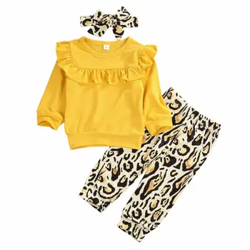 

1-5Y Toddler Kids Baby Girl Long Sleeve Ruffles Pullover T-shirt Tops Leopard Long Pant Headband 3PCS Girls Clothing Set