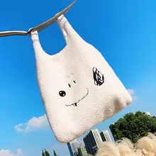 ANSFX Корея Harajuku девушки милый белый смайлик мультфильм вышивка ягненка мех Пушистый Большой искусственный мех плюшевая сумка через плечо сумочка