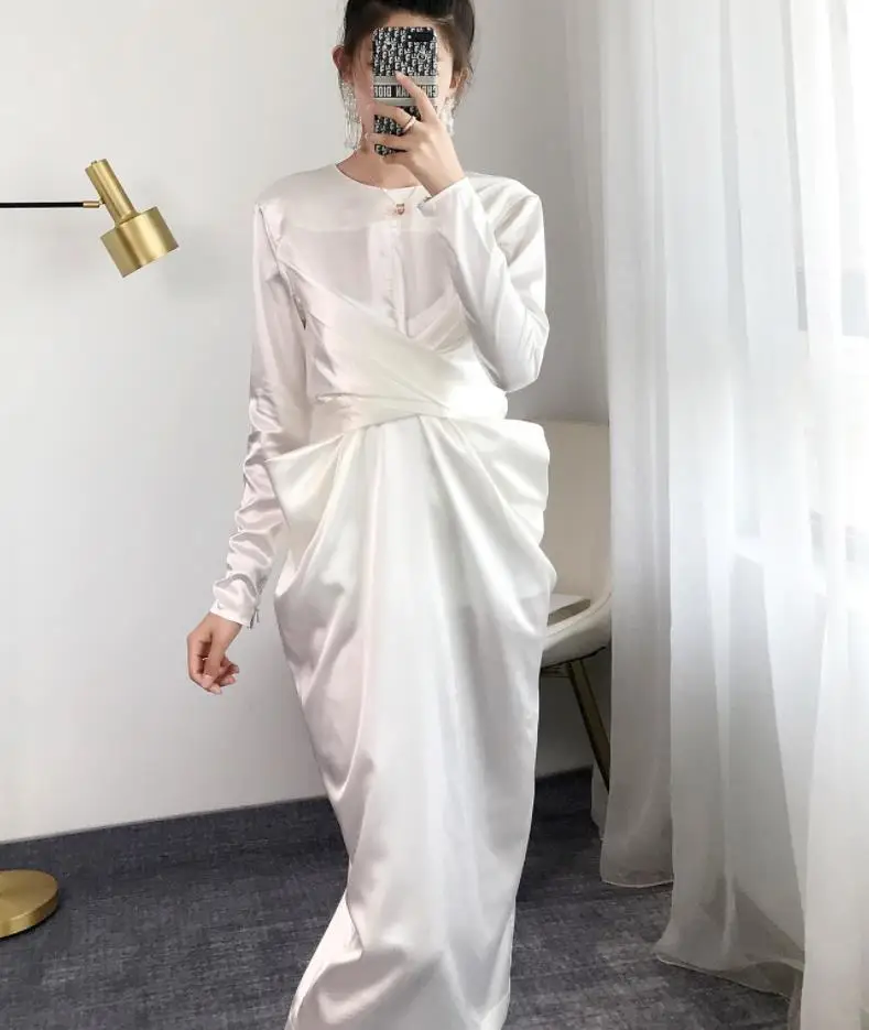 WHITE Vintage Solid Women's O Neck Long Sleeve Dress High Waist Tunic Ruched Midi Autumn Dresses - Цвет: WHITE