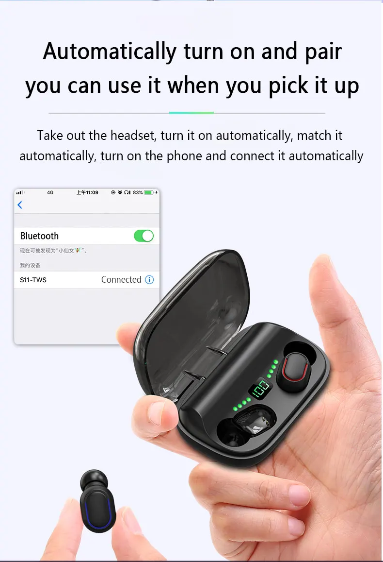 Caridite New Trending Instagram LED Bluetooth Earphone with Charging Phone Portable Digtial Wireless Headset Bluetooth Earbuds