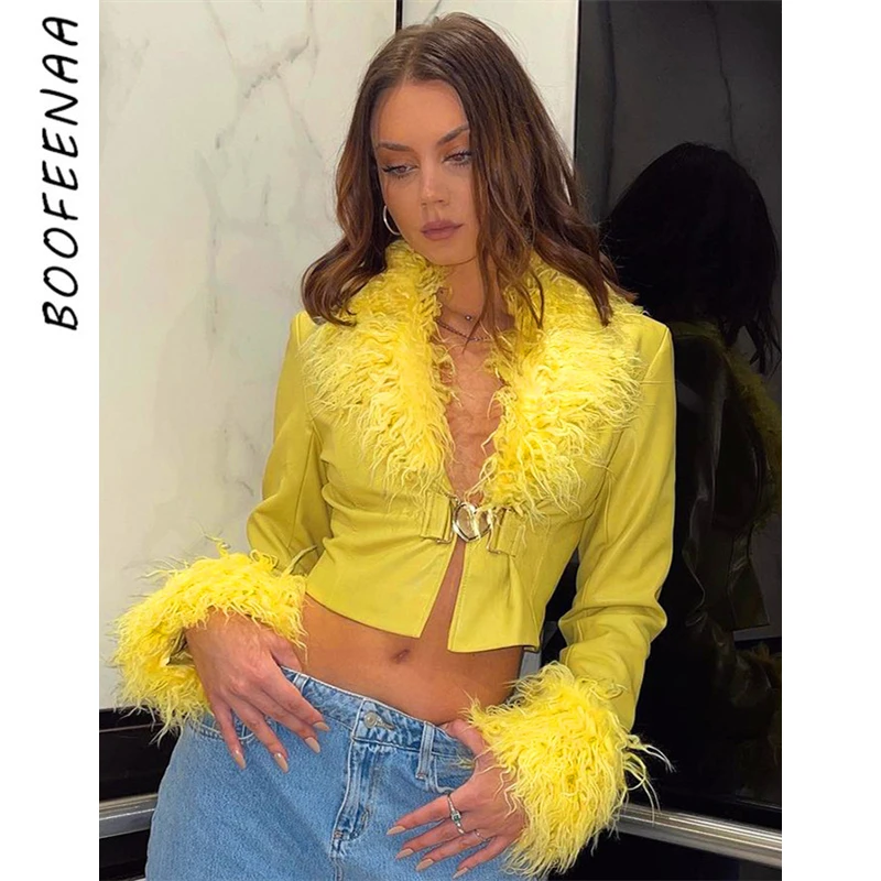 BOOFEENAA Y2k уличная одежда Желтые Куртки из искусственной кожи для женщин зимняя