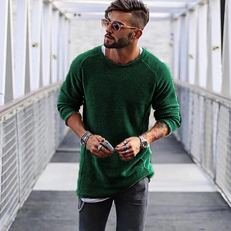 Плюс размер M-2XL облегающий свитер для мужчин осень и зима тонкий круглый вырез вязаный пуловер для мужчин повседневные однотонные мужские свитера - Цвет: Зеленый