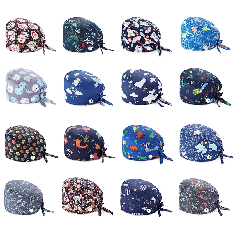 

Button Adjustable Pet Grooming Agency Work Scrubs Caps Cartoon Cute Nurse Cap Cat Printing Working Cap Anti-dust