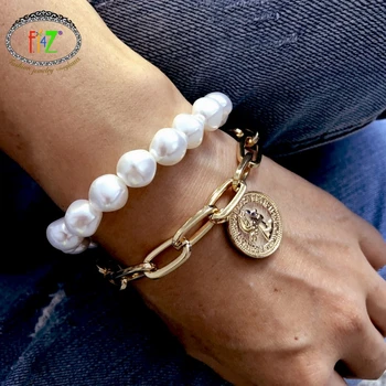 

F.J4Z Womens Charms Bracelets Fashion Bohemian Irregular Pearl Beaded Chains Coin Toggle Bangles 2layers Hand Jewelry Gifts