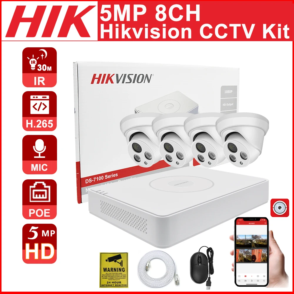 Kit CCTV Hikvision-sistema de seguridad CCTV, kit de 8 + 4 NVR POE de 5MP, Audio, cámara IP de detección de movimiento, videovigilancia