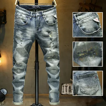 

Men's fashion brand knee hole jeans men's slim Leggings patch beggar Denim pants trend Skinny Pencil Jeans pants