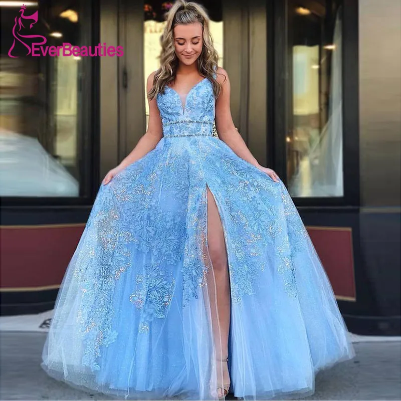 A-Line Long Prom Dresses 2020 Light Blue Tulle Lace Appliques V-Neck Side Slit Formal Robe De Soiree | Свадьбы и торжества