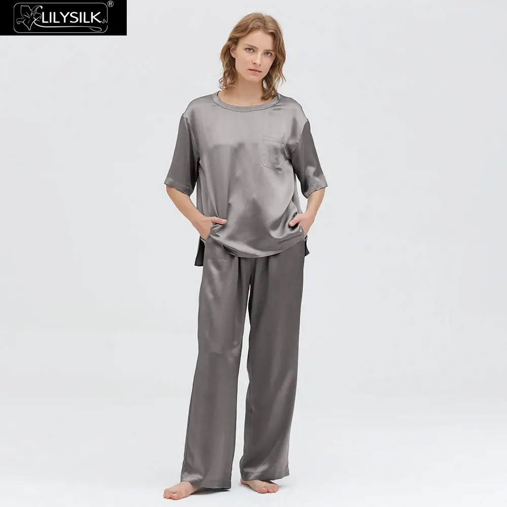 Dark Gray LilySilk шелковые пижамы набор 22 Momme с круглым вырезом новые женские - Цвет: Dark Gray