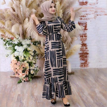 

New fashion printed Womens long muslim dress 2020 dubai Turkey arab maxi bandage abaya islamic ladies summer clothing