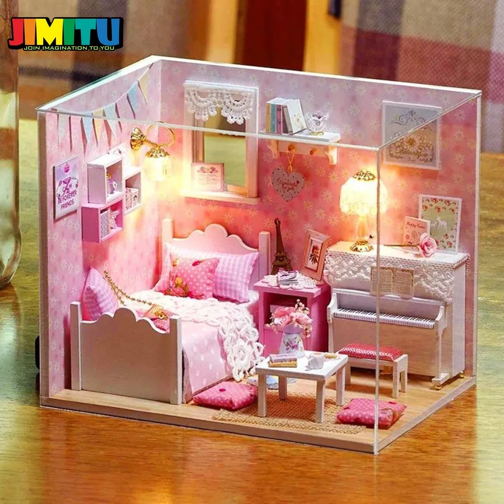 JIMITU DIY Кукольный дом Миниатюрный пылезащитный чехол 3D деревянные кукольные домики миниатюрный кукольный домик мебель набор игрушки для детей Рождество