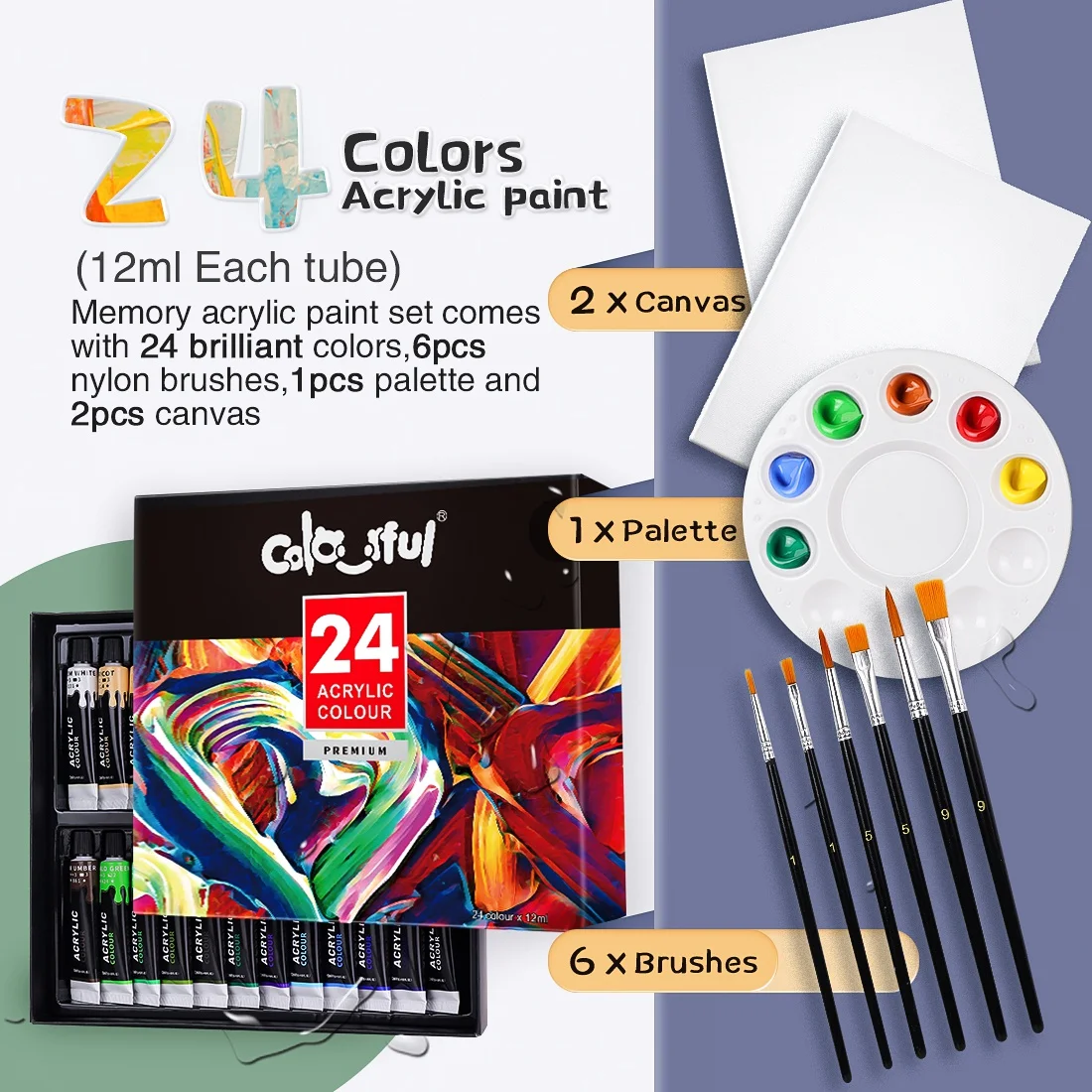 Acrylic Paint Set 24 Colors with 6 brushes ,1 palette , Paint for Fabric, Clothing, Painting, Rich Pigments for Artists pigment