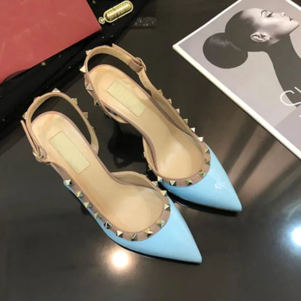 Women Dress Shoes rock Patent High Heels stud Pumps Rivets Real Leather Pointed Toe Wedding Shoes Gift Party Shoes - Цвет: 7