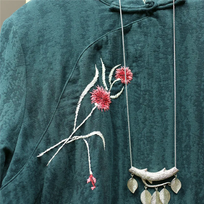 Женское платье с цветочной вышивкой, китайский стиль, Cheongsam, зима, новинка, стоячий длинный рукав, хлопок, лен, халаты, женское платье