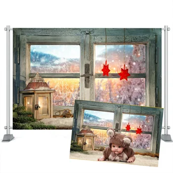

Window Christmas Snow House Photography Trees Snow scene Background for Photo Studio Snow Gift Decoration Photocall
