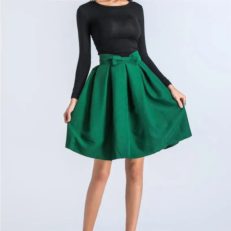 Женские весенние повседневные плиссированные юбки трапециевидной формы с бантом, элегантные юбки с высокой талией размера плюс, однотонные женские юбки до колена