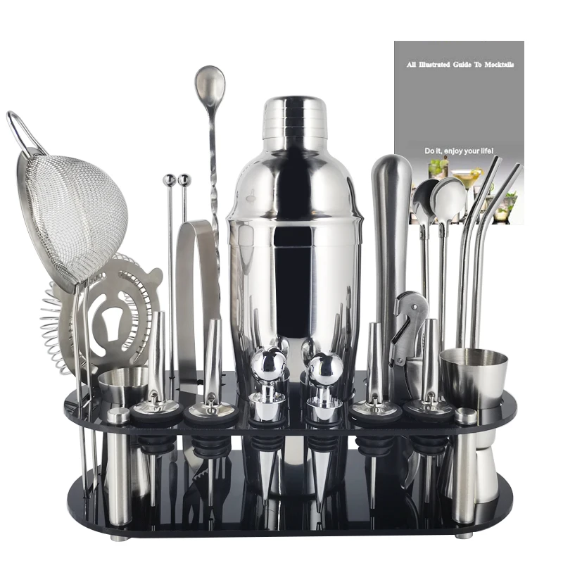 Description Picture 2 of item22Pcs Stainless Steel Shaker Cocktail Boston Cocktail Shaker Set Kit Snow Bar Tools MixerJigger Muddler Spoon Ice Tong Holder