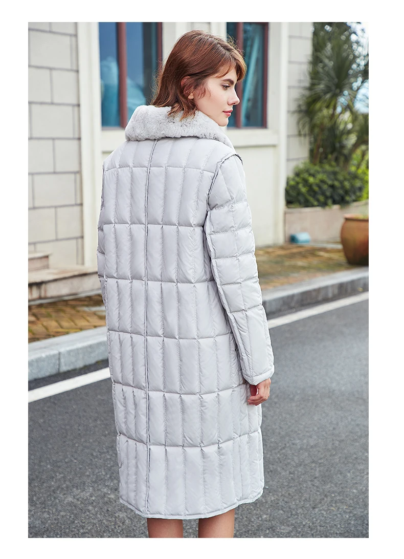 Зимнее Европейское пальто из натурального кроличьего меха на утином пуху, женское длинное модное плотное теплое пушистое пуховое пальто F195