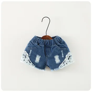 

Casual Summer Denim Cotton Distrressed Baby Girls Lace Shorts Kids Hot Pants For 75-155cm