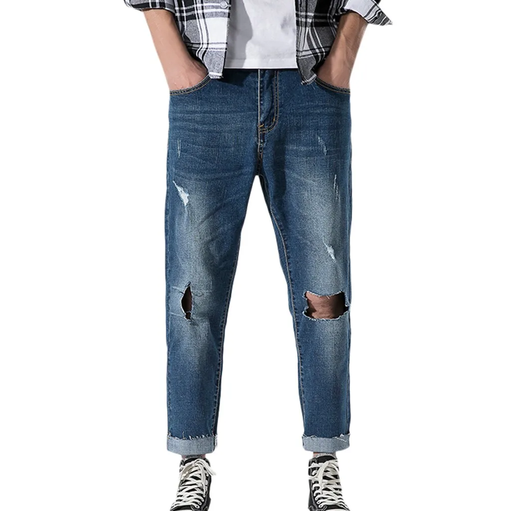 Popular Men Stretchy Ripped Skinny Biker Embroidery Print Jeans Destroyed Hole Taped Slim Fit Denim Scratched Jean