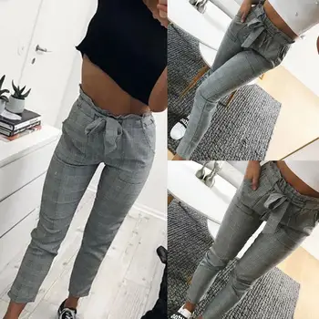 安い 女性ファッションレトロスタイルのチェック柄プリーツハイウエストスキニーロングペンシルパンツズボンサッシ